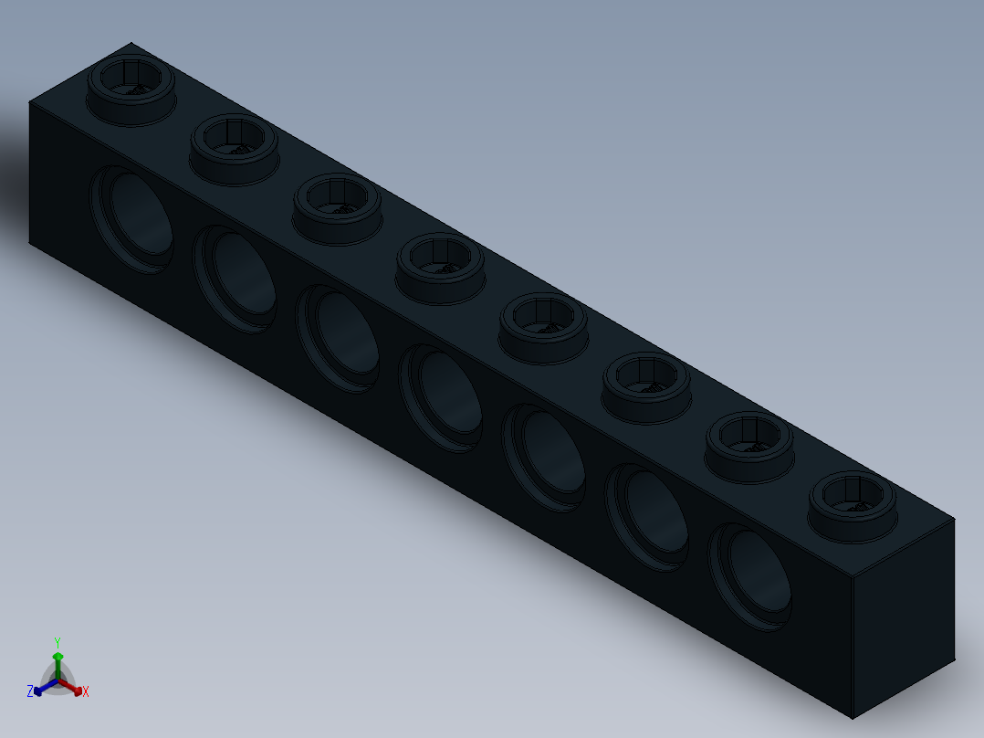 乐高机械组积木（横梁）-370226 Black Technic Brick 1 x 8 with Holes正等轴测图