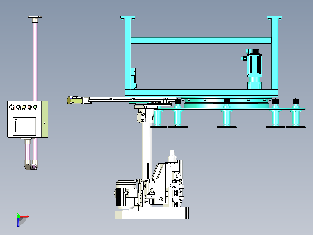 带有旋转工作台的自动化加工机构俯视图