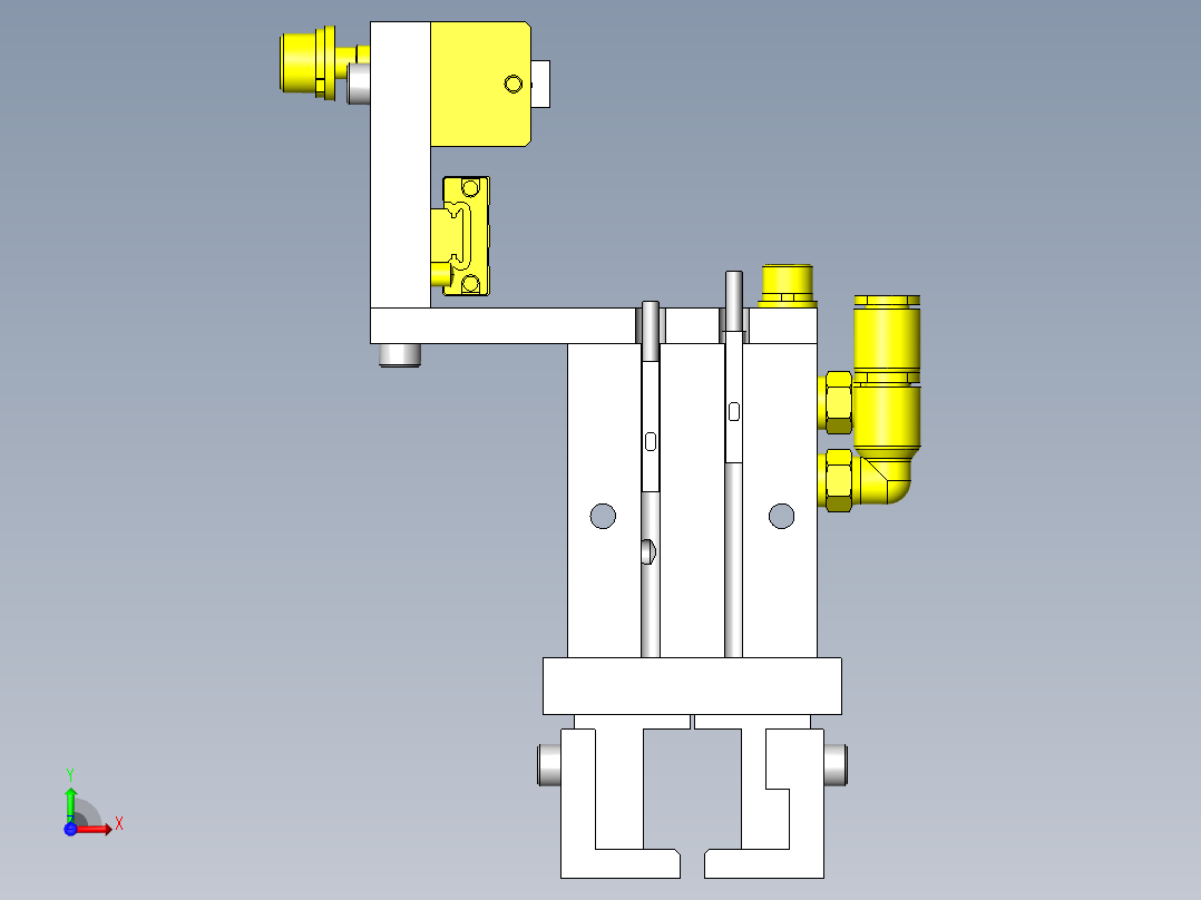 变更工件间距的3连夹头机构前视图
