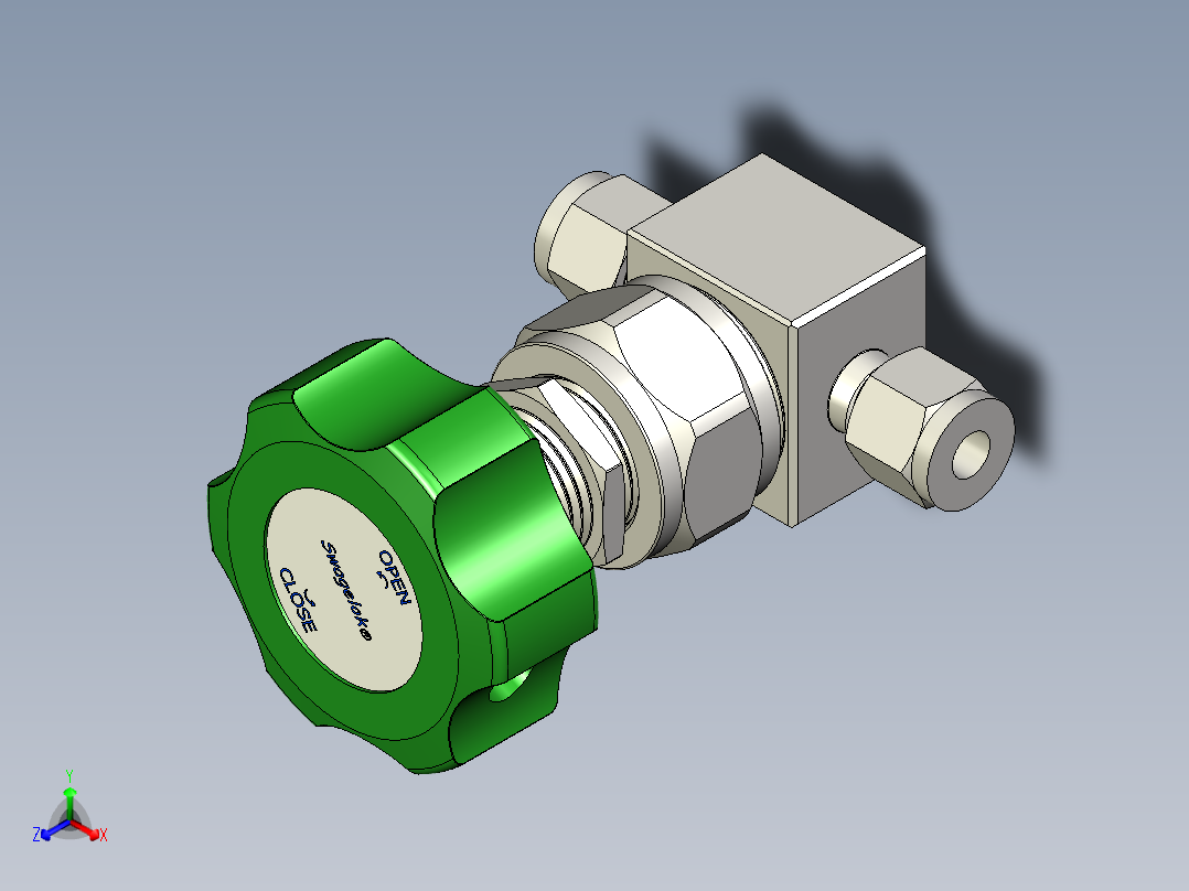 不锈钢高纯度高压隔膜密封阀，6 mm世伟洛克管接头，圆形手柄正等轴测图