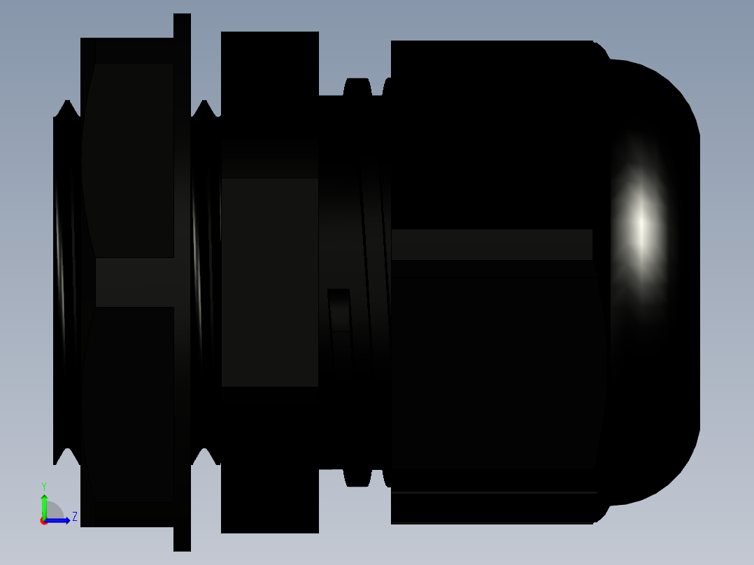 M20x1.5 电缆密封套。配有阀体、压紧螺母和夹紧螺母。左视图