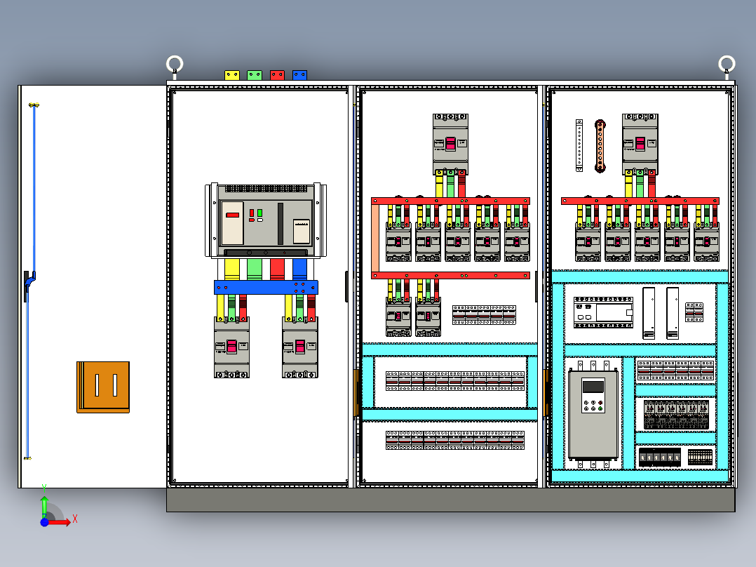 三柜组装万能断路器630A正装软启动plc控制柜 55382前视图
