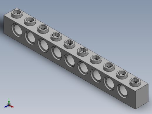 乐高机械组积木（横梁）-273001 White Technic Brick 1 x 10 with Holes正等轴测缩略图