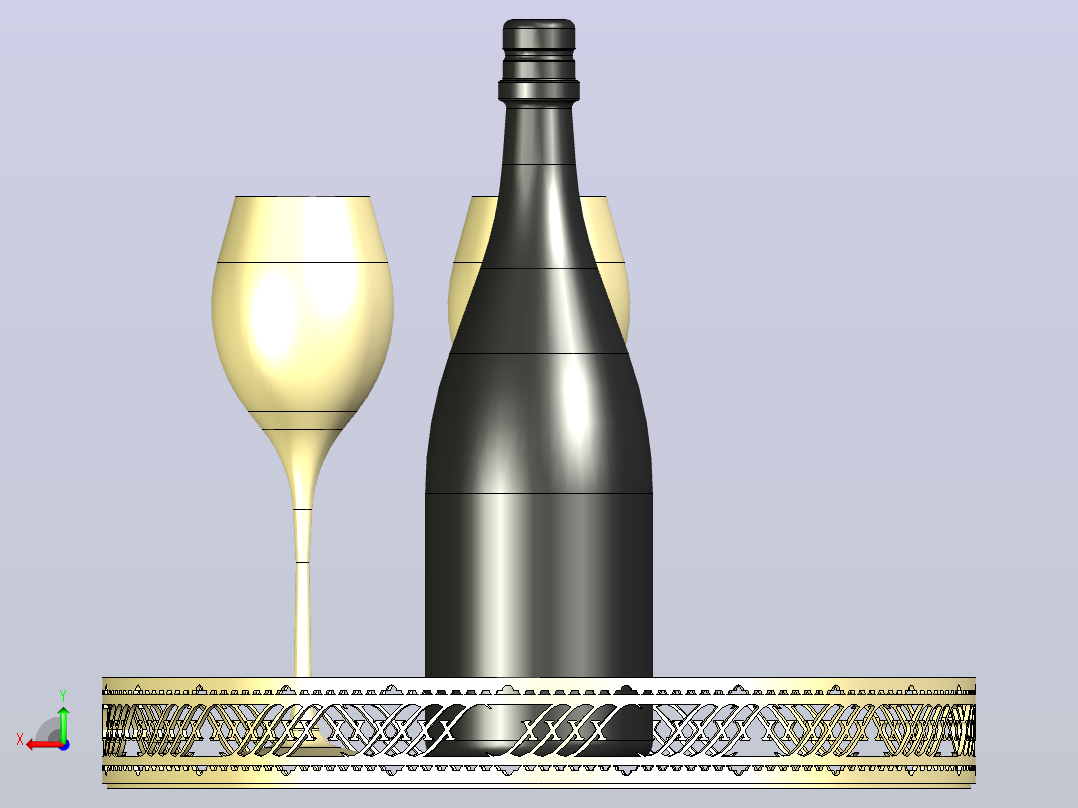金属托盘上摆放着香槟酒瓶和酒杯后视图