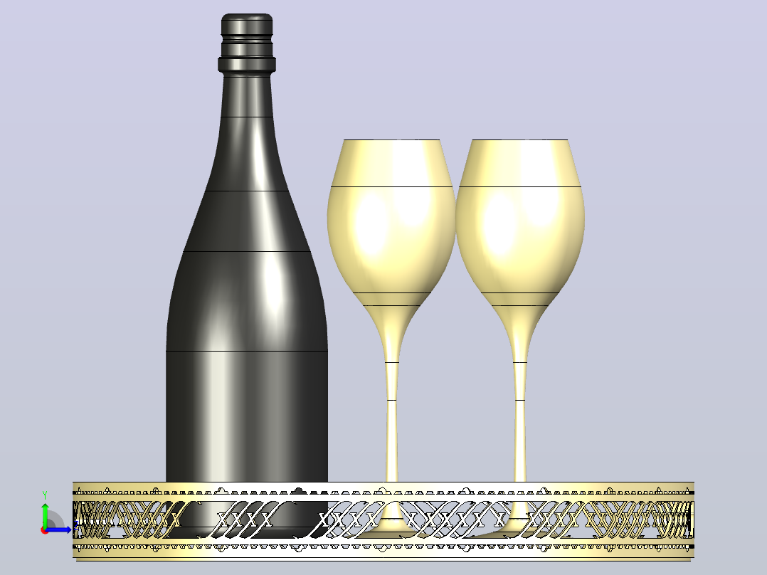 金属托盘上摆放着香槟酒瓶和酒杯左视图