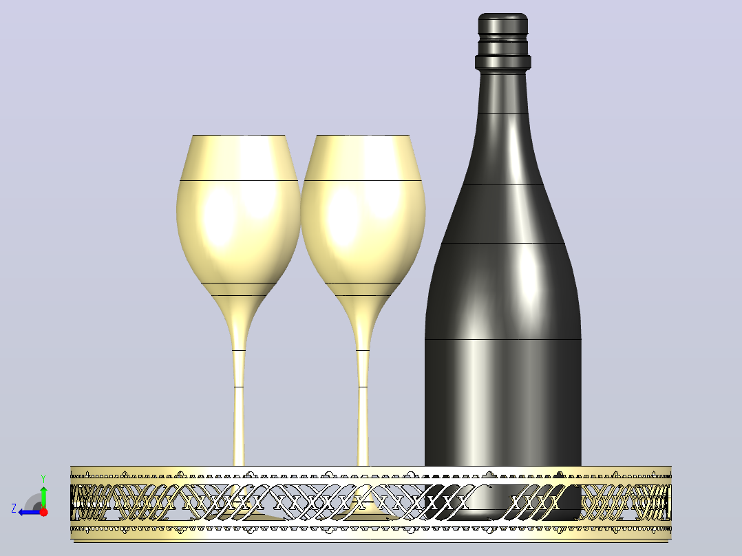 金属托盘上摆放着香槟酒瓶和酒杯右视图