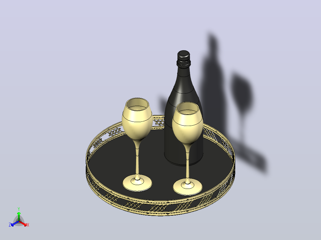 金属托盘上摆放着香槟酒瓶和酒杯正等轴测图