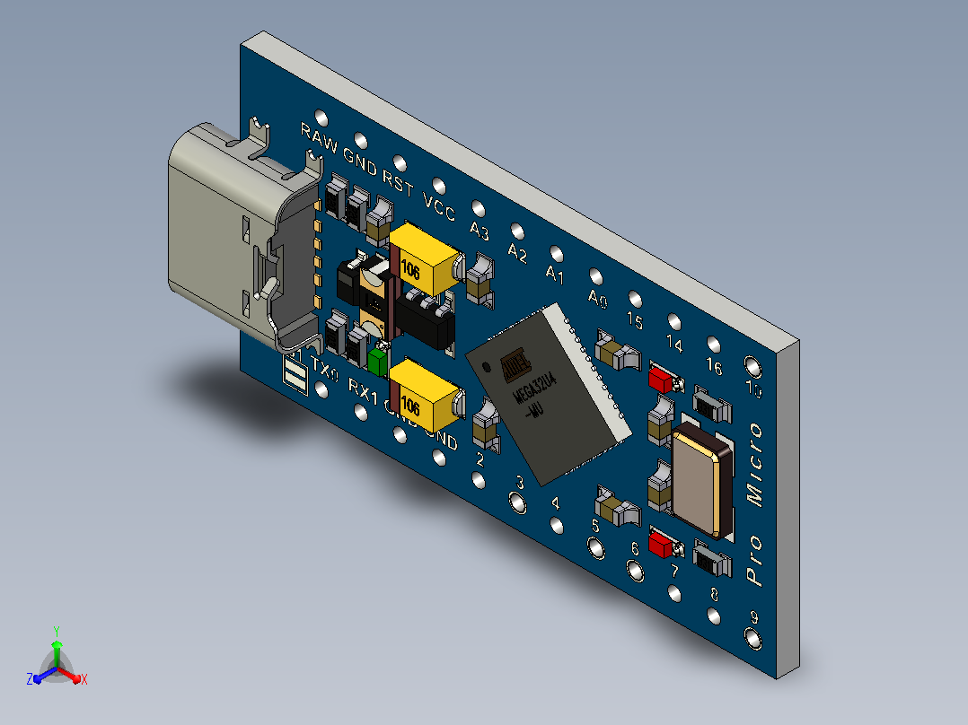 Arduino Pro Micro USB C型12正等轴测图