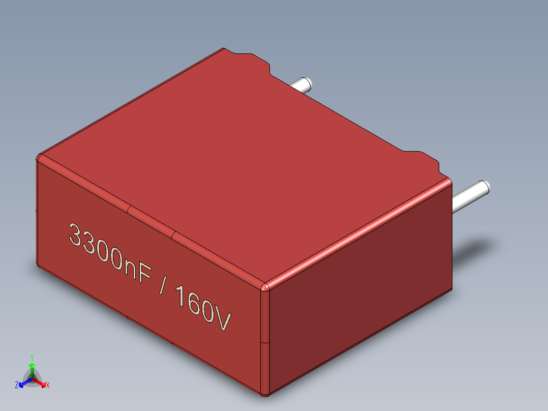 薄膜电容器，长13 x宽5，5 x高11毫米，间距10毫米正等轴测图