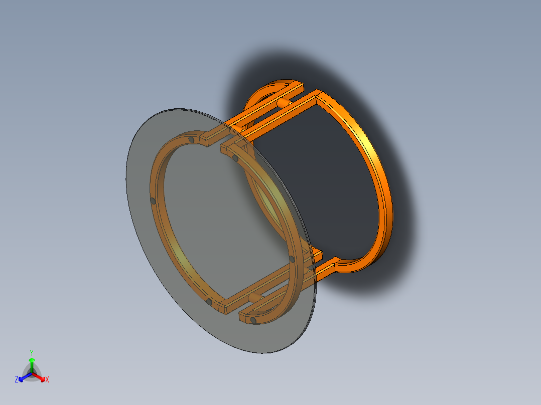 会议桌直径0.9m，高0.47m，桌面玻璃，木结构。正等轴测图