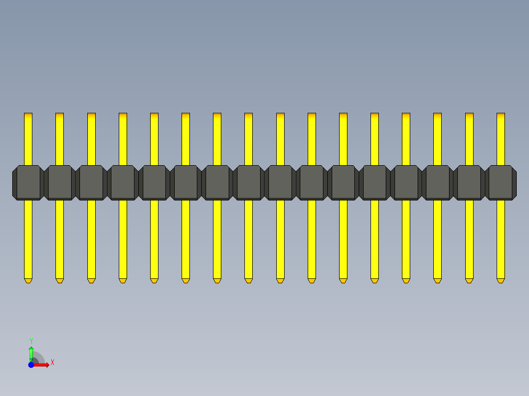 双排通孔角度引脚接头，间距2.54毫米前视图