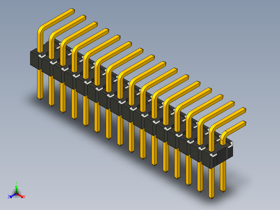 双排通孔角度引脚接头，间距2.54毫米正等轴测图