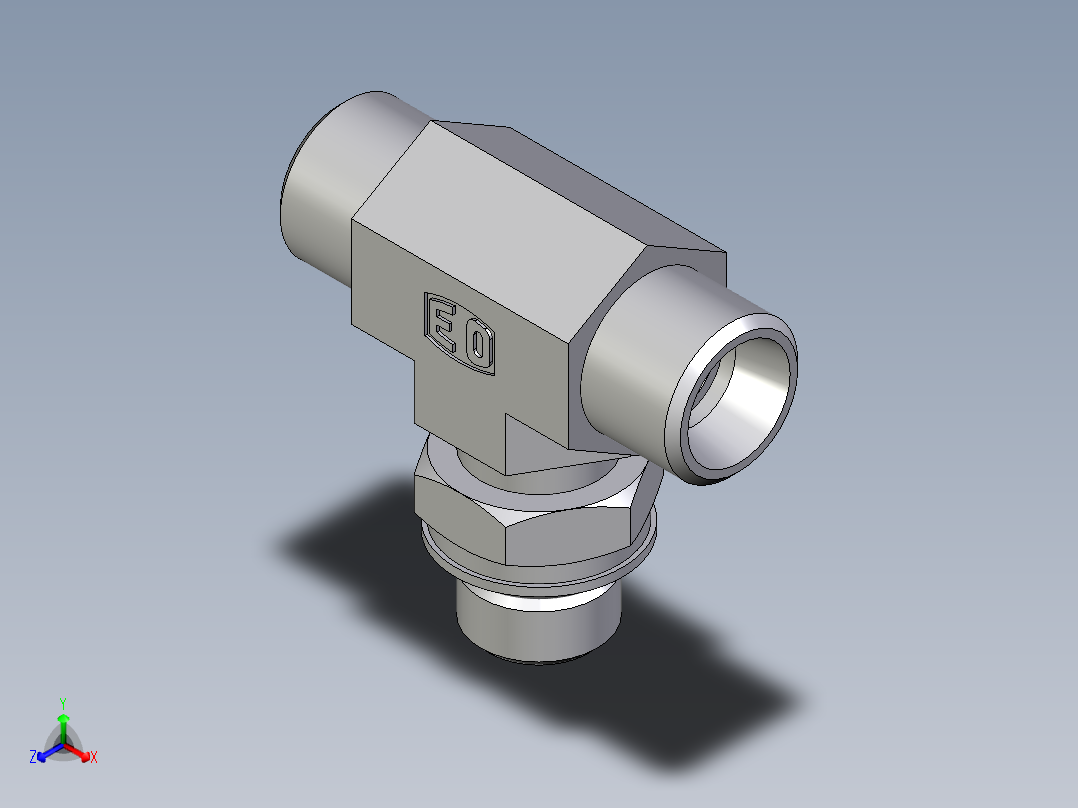 卡套式工业通用硬管接头EO_Adjustable_locknut_branch_tee_TEE10LMOROMDCF正等轴测图