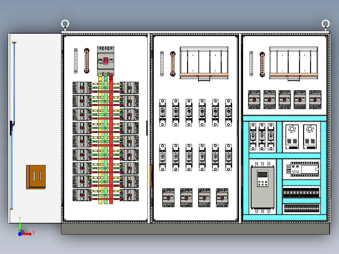 三柜组装630A竖装刀开关软启动plc控制柜前视图