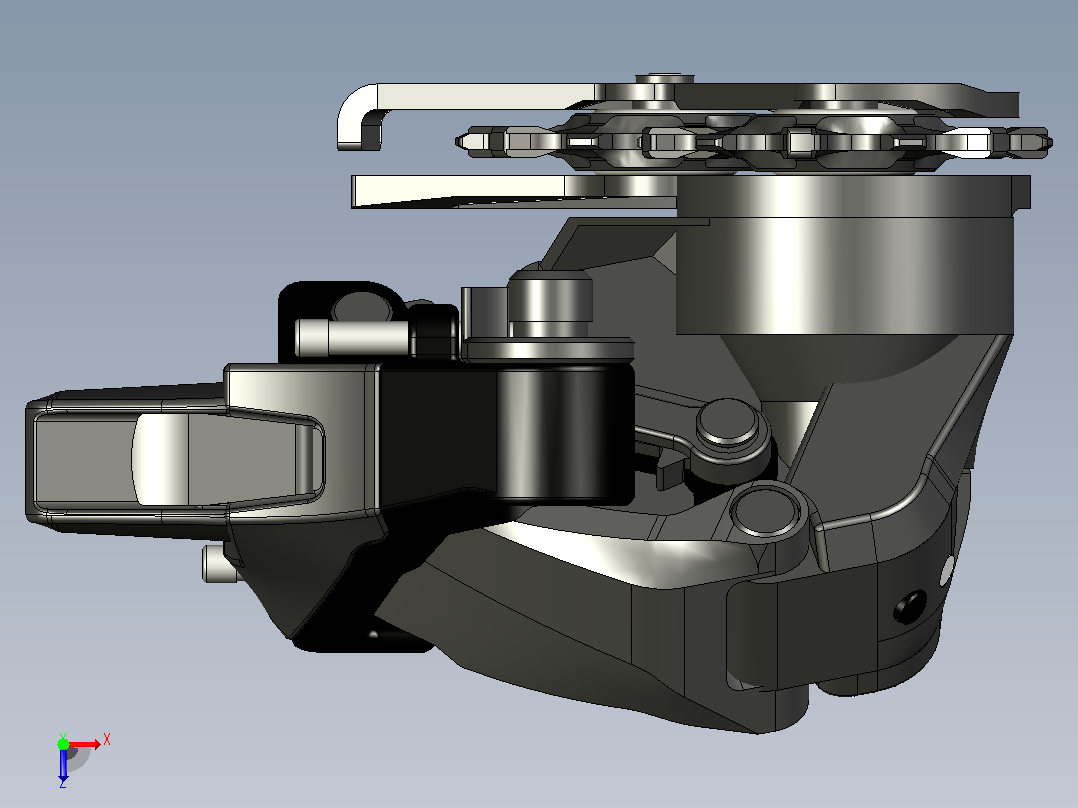 自行车前后变速器链条组件俯视图