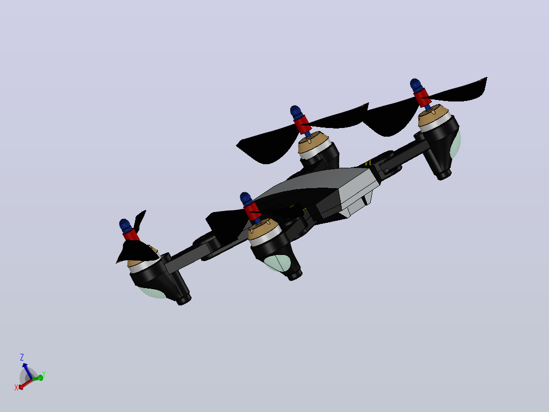 Quadcopter Y1101，带有6''NACA-M18型号螺旋桨主视图
