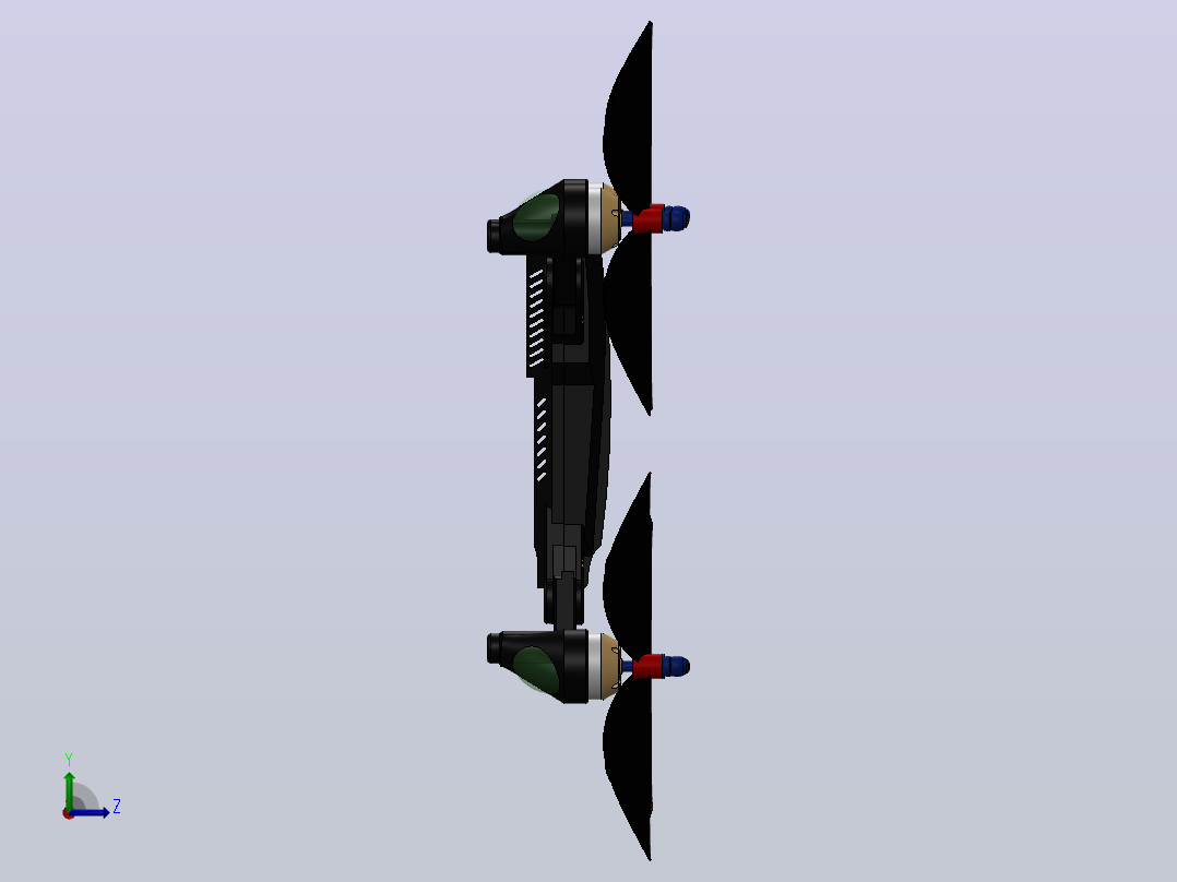 Quadcopter Y1101，带有6''NACA-M18型号螺旋桨左视图