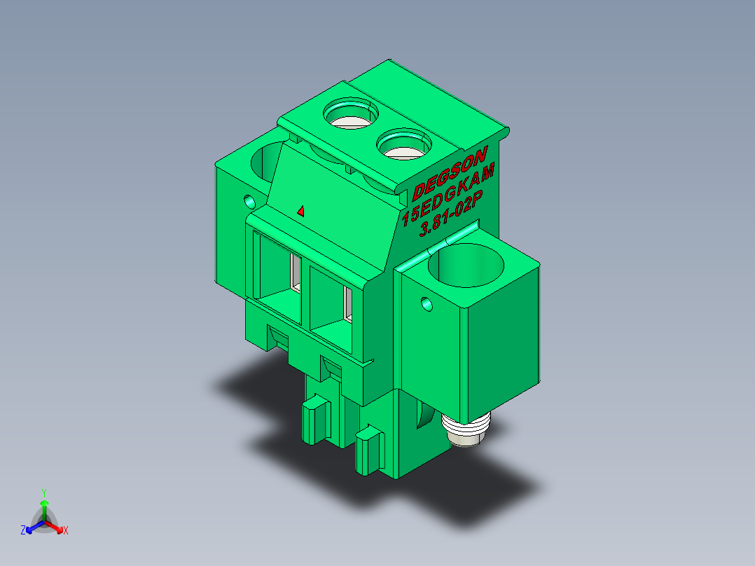DEGSON 15EDG（公头） 3.81mm 螺钉锁紧，插拔式接线端子 FullPack-15EDGKAM-3.81-02P-14-00AH正等轴测图