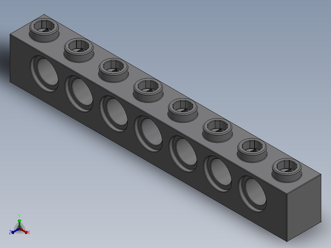 乐高机械组积木（横梁）-4211442 - 3702 Medium Stone Grey Technic Brick 1 x 8 with Holes正等轴测图