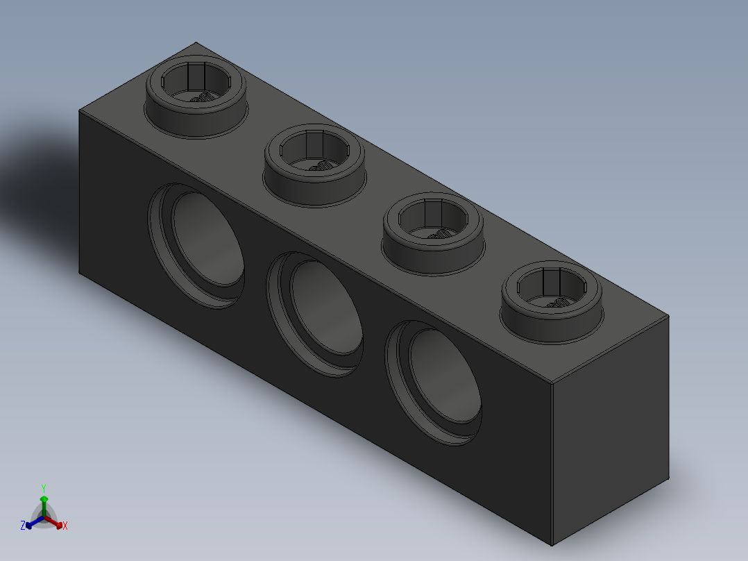 乐高机械组积木（横梁）-3701 Old Dark Grey Technic Brick 1 x 4 with Holes正等轴测图