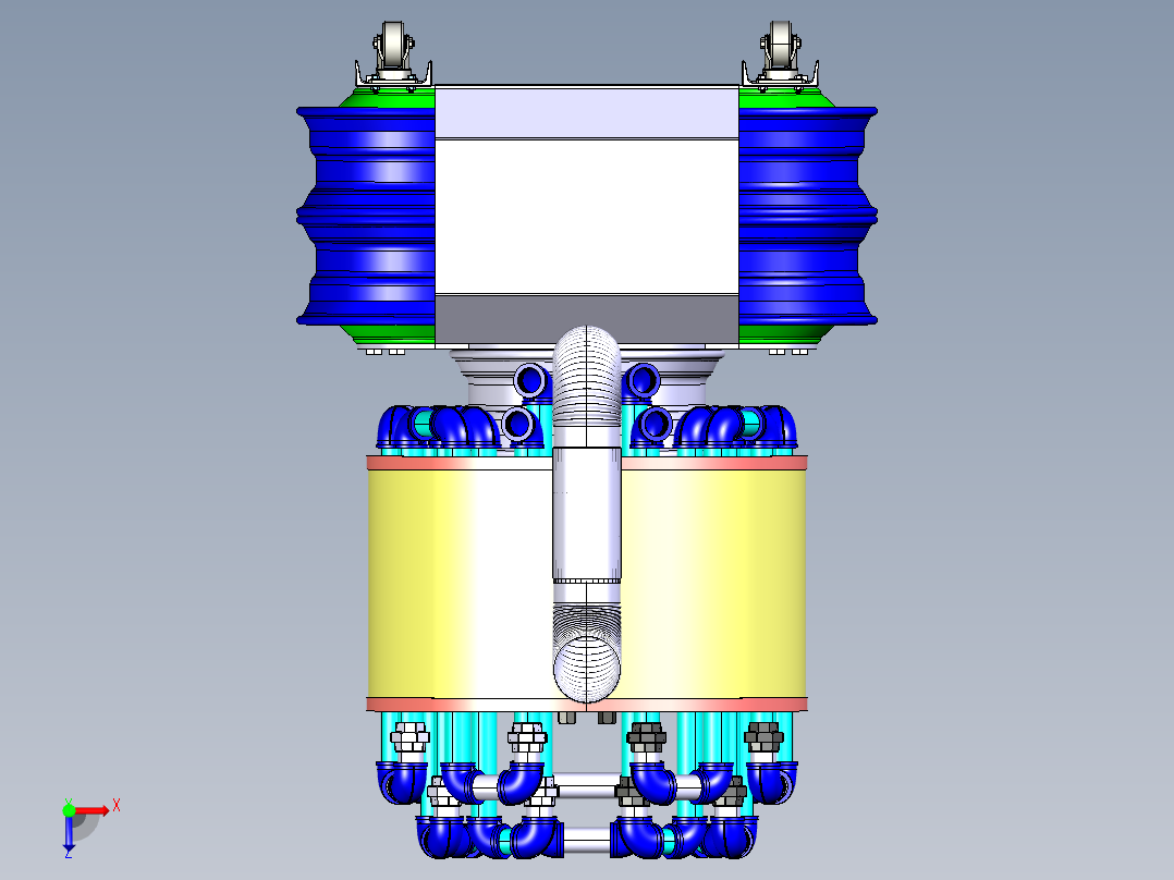 半卡车轮木柴炉热交换器锅炉俯视图