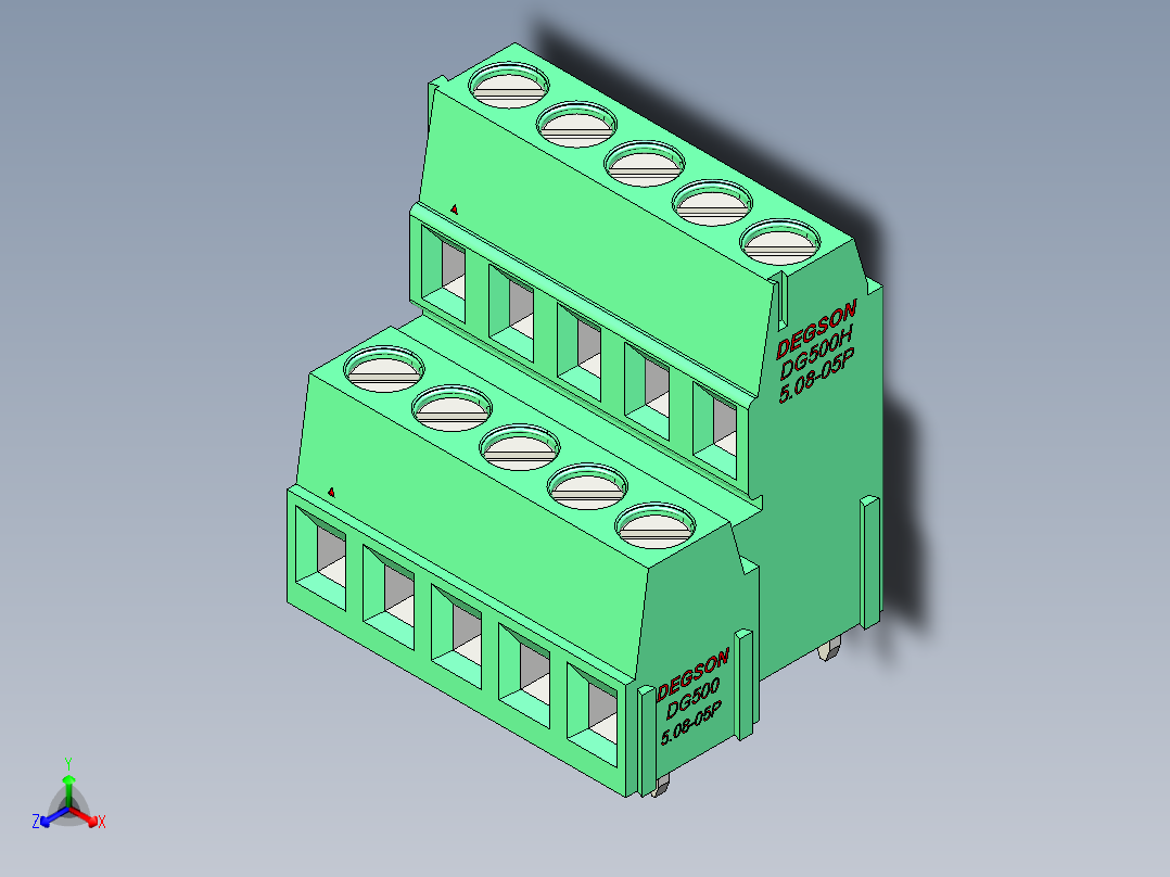 DEGSON DG500 系列 5.05.087.62mm 接线端子-DG500A-5.08-10P-14-00AH正等轴测图
