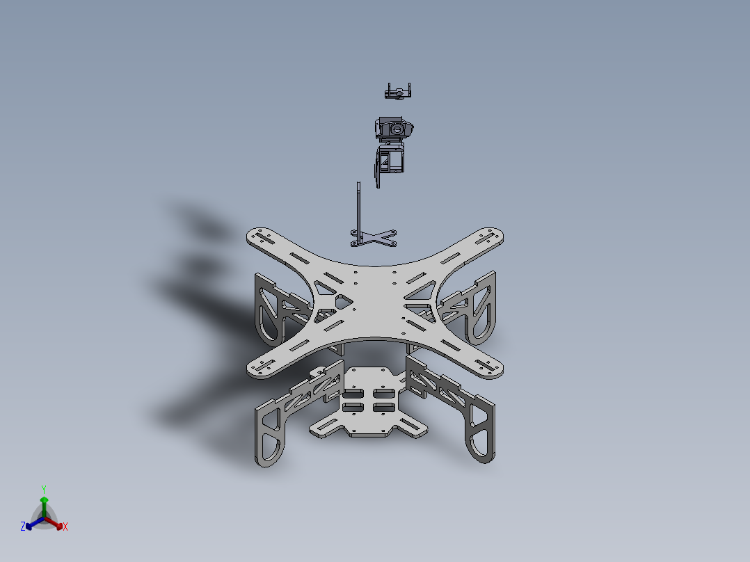 带有自动万向架摄像系统的四旋翼结构（无人机）正等轴测图