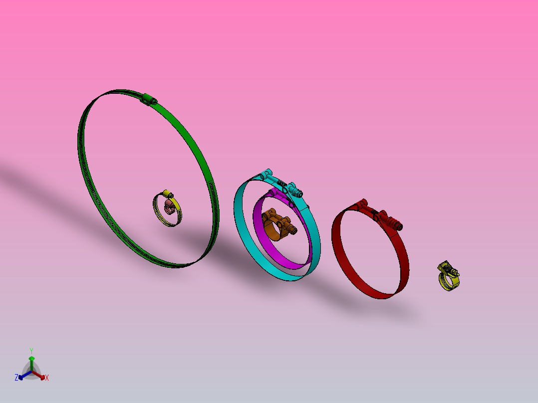 不同的软管夹，蜗杆，螺栓夹，恒张力螺栓夹正等轴测图