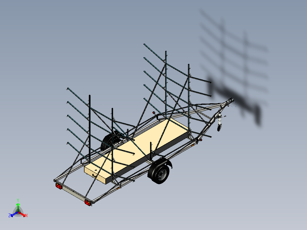 用于运输带有转向轴的皮划艇的轻型拖车。拖车上有一个额外的救生衣和桨箱