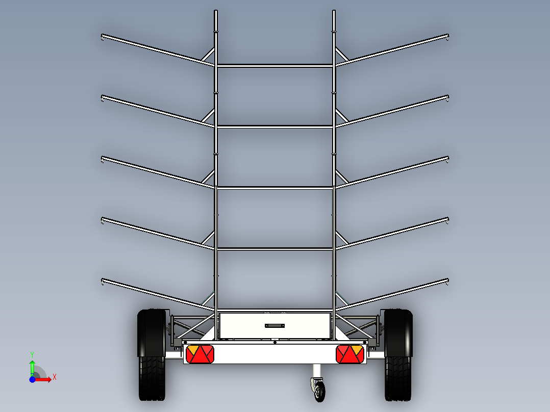 用于运输带有转向轴的皮划艇的轻型拖车。拖车上有一个额外的救生衣和桨箱前视图