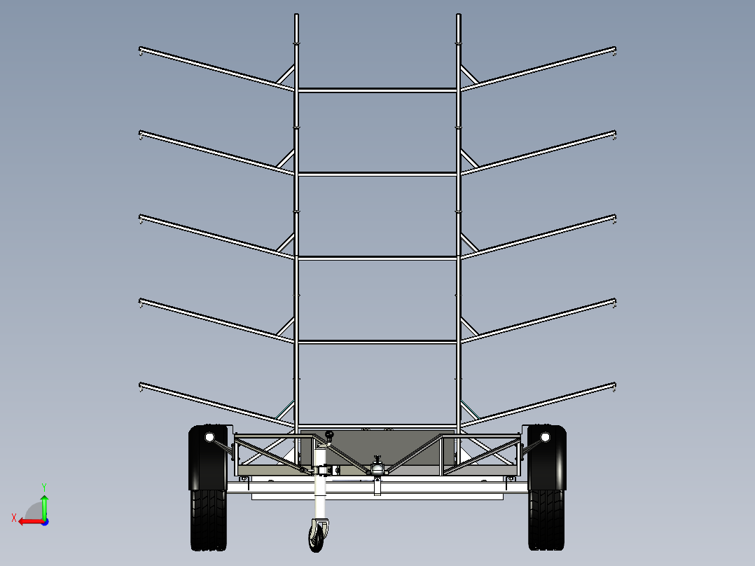 用于运输带有转向轴的皮划艇的轻型拖车。拖车上有一个额外的救生衣和桨箱后视图