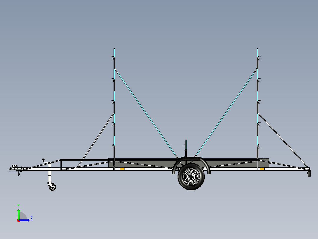 用于运输带有转向轴的皮划艇的轻型拖车。拖车上有一个额外的救生衣和桨箱左视图