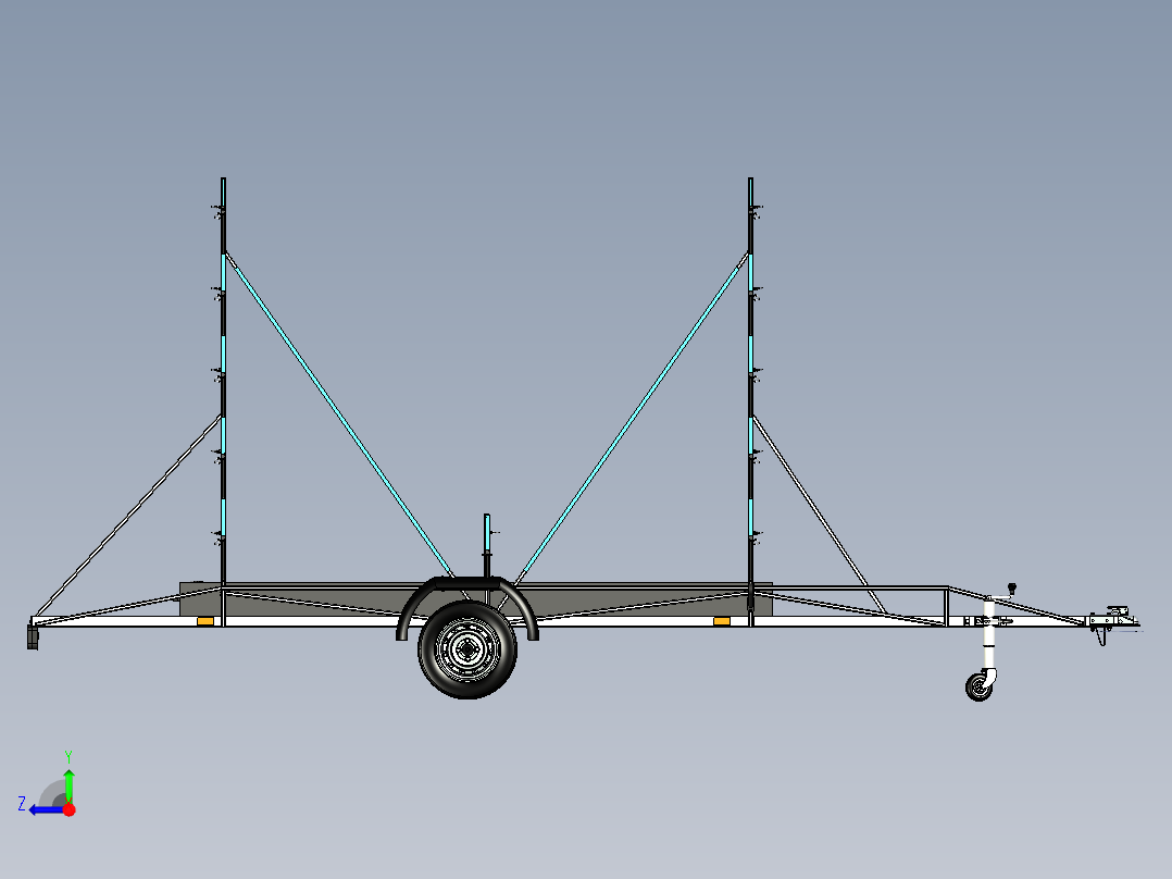 用于运输带有转向轴的皮划艇的轻型拖车。拖车上有一个额外的救生衣和桨箱右视图