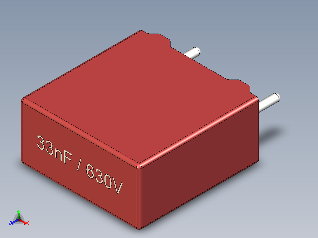 薄膜电容器，长10.5 x W5 x高11毫米，间距7.5毫米正等轴测图