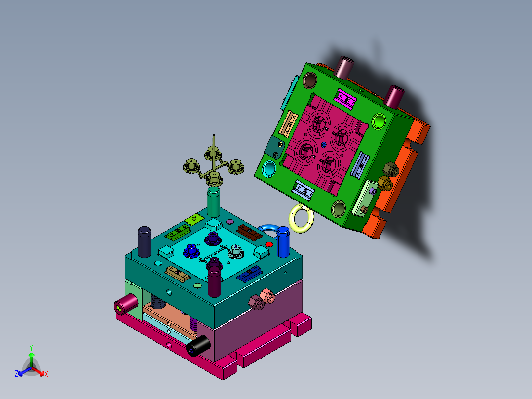 倒扣盖倒扣脱模的注塑模具正等轴测图