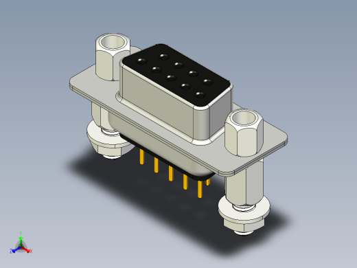 DSUB 9引脚PCB直通孔母连接器。带六角螺钉、垫片、螺母和垫圈，用于垂直安装在印刷电路板上
