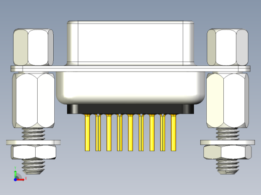 DSUB 9引脚PCB直通孔母连接器。带六角螺钉、垫片、螺母和垫圈，用于垂直安装在印刷电路板上前视缩略图