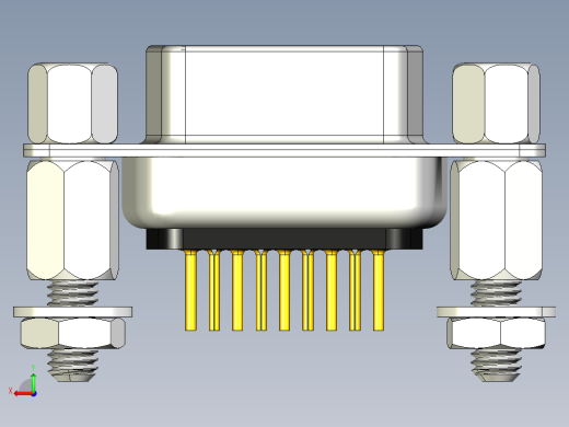 DSUB 9引脚PCB直通孔母连接器。带六角螺钉、垫片、螺母和垫圈，用于垂直安装在印刷电路板上后视缩略图