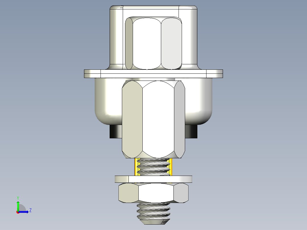 DSUB 9引脚PCB直通孔母连接器。带六角螺钉、垫片、螺母和垫圈，用于垂直安装在印刷电路板上左视图