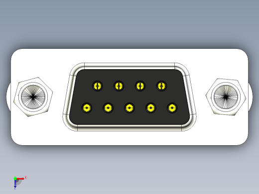 DSUB 9引脚PCB直通孔母连接器。带六角螺钉、垫片、螺母和垫圈，用于垂直安装在印刷电路板上俯视缩略图