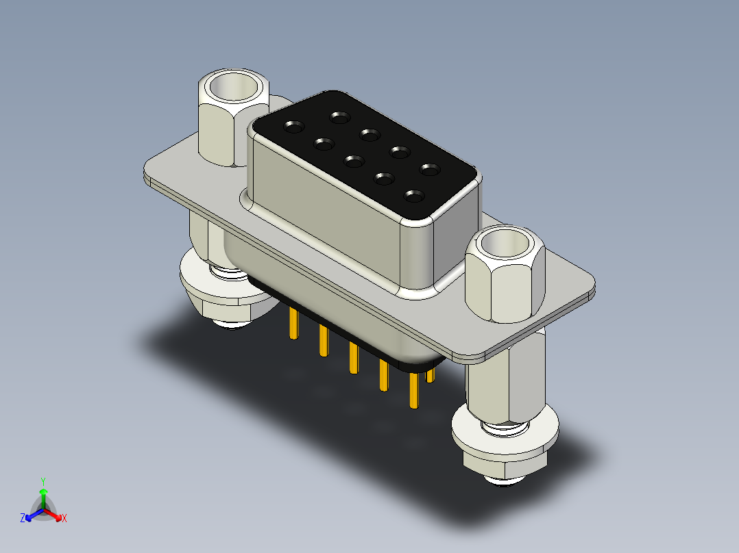 DSUB 9引脚PCB直通孔母连接器。带六角螺钉、垫片、螺母和垫圈，用于垂直安装在印刷电路板上正等轴测图