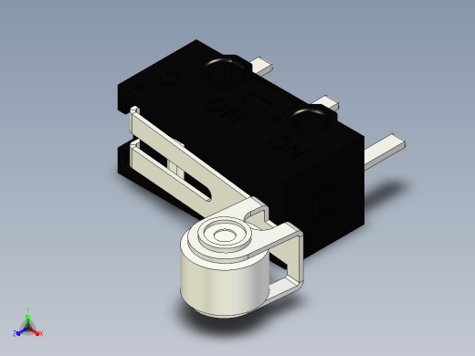 带有滚轮杆的微型开关。车身长12.8毫米x高6.5毫米x宽5.8毫米微动开关