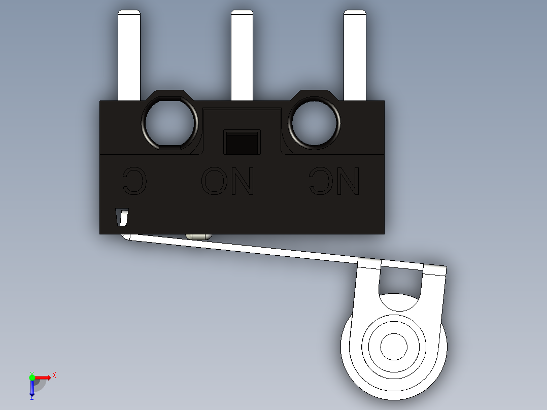 带有滚轮杆的微型开关。车身长12.8毫米x高6.5毫米x宽5.8毫米微动开关俯视图