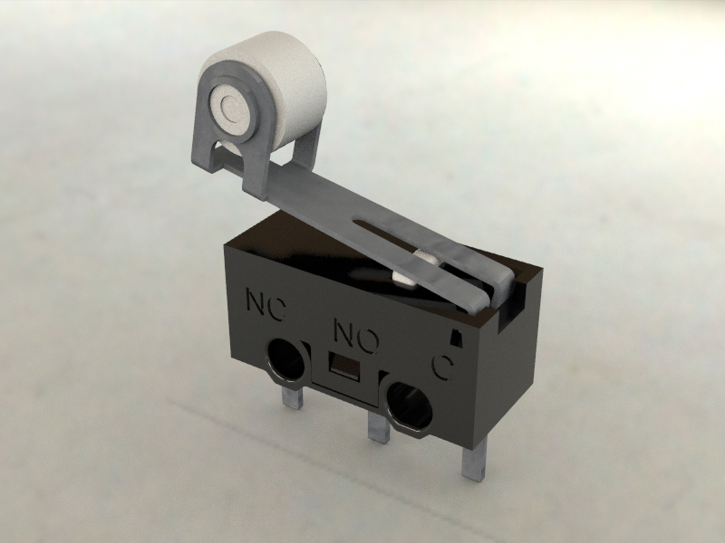 带有滚轮杆的微型开关。车身长12.8毫米x高6.5毫米x宽5.8毫米微动开关