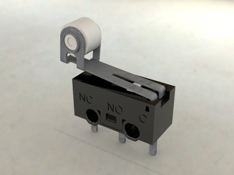 带有滚轮杆的微型开关。车身长12.8毫米x高6.5毫米x宽5.8毫米微动开关