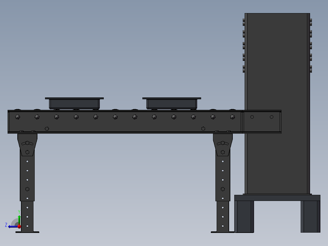 顶升上料输送线3d图纸气缸顶升运输上下储存料机构3d模型非标设计右视图