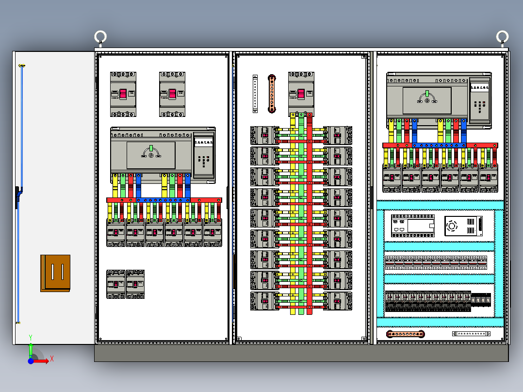 三柜组装双电源630A竖装双电源软启动plc控制柜前视图