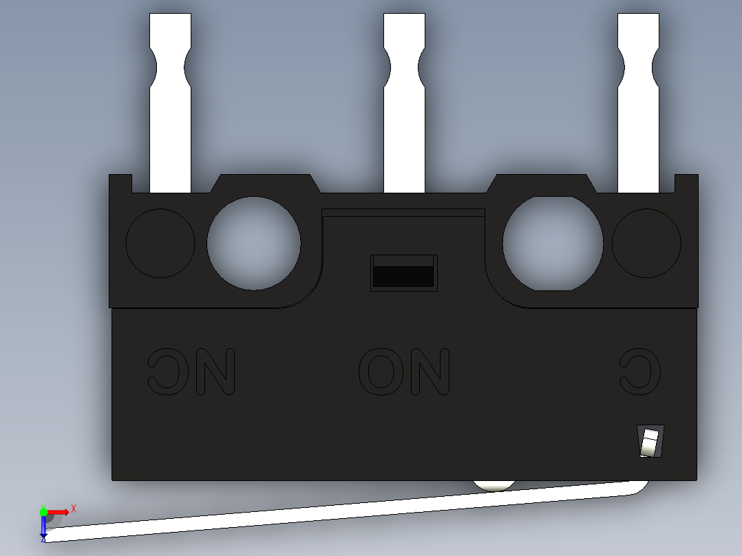 微动开关超小型杠杆SPDT通孔。高H6,6 x宽L12,8 x宽5.8毫米俯视图