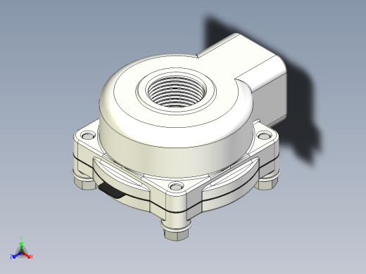 GOYEN RCAC25T4002隔膜阀的3D模型。该阀本身是一个空气脉冲控制阀，用于瞬间喷射空气。阀门有1英寸NPT入口和出口，以及用于脉冲控制的1-8英寸NPT端口