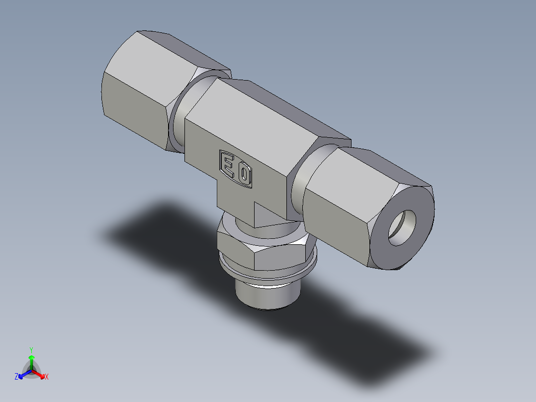 卡套式工业通用硬管接头EO_Adjustable_locknut_branch_tee_TEE06LMORCF正等轴测图